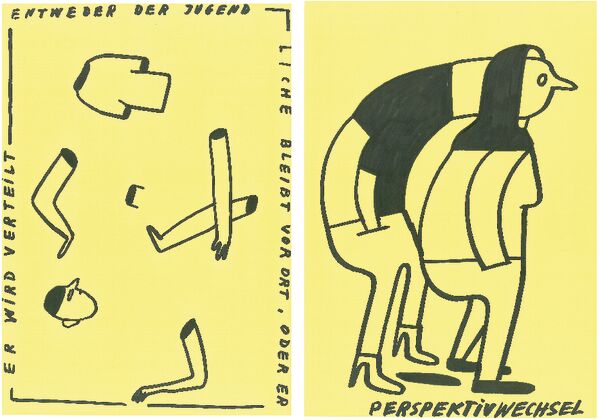 2 schwarz auf gelbem Untergrund gezeichnete Bilder von Johanna Benz