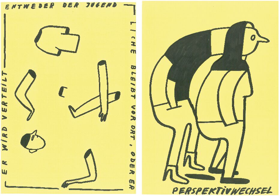 2 schwarz auf gelbem Untergrund gezeichnete Bilder von Johanna Benz